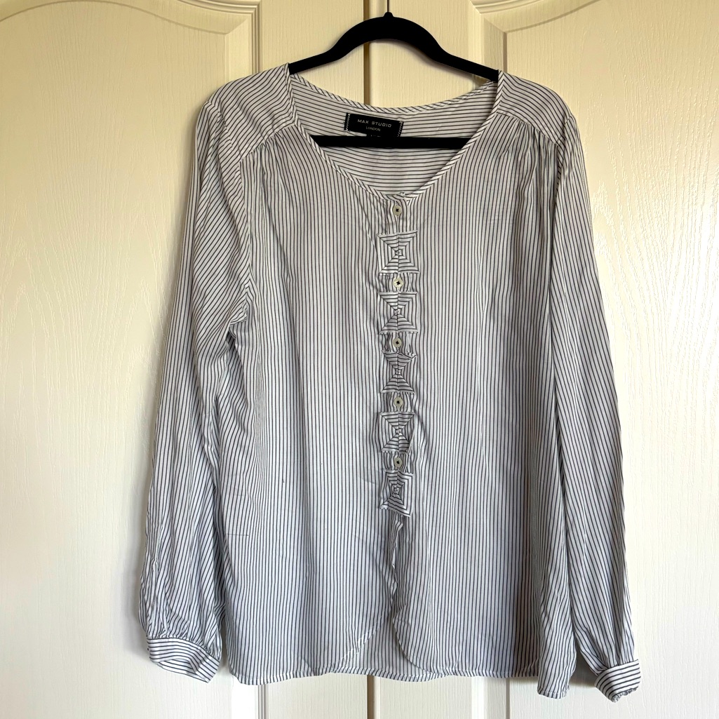 Max Studio Geometric Trim Button Front Striped Viscose Blouse Size Large
